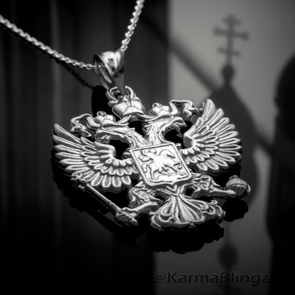 Sterling Silver Russian Coat of Arms Double-Headed Eagle Pendant Necklace
