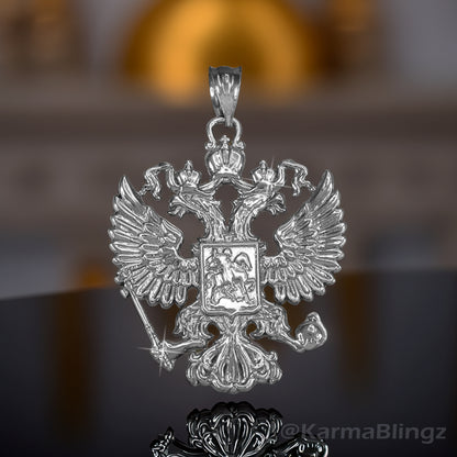 Sterling Silver Russian Coat of Arms Double-Headed Eagle Pendant Necklace