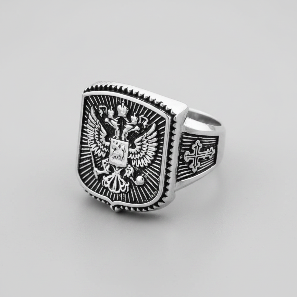 Oxidized Sterling Silver Russian Imperial Crest Signet Mens Orthodox Cross Ring