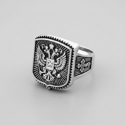 Oxidized Sterling Silver Russian Imperial Crest Signet Mens Orthodox Cross Ring