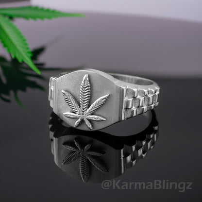 Sterling Silver Marijuana Weed Leaf Watchband Ring