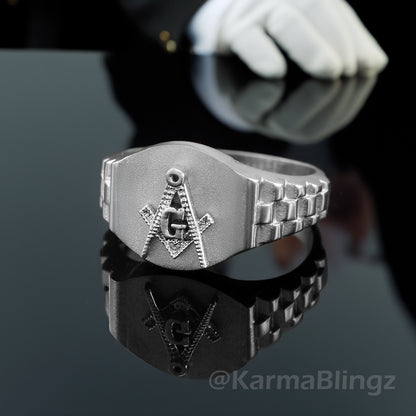 Men's Gold Masonic Watchband Ring | Freemason Symbol | 10K & 14K Gold