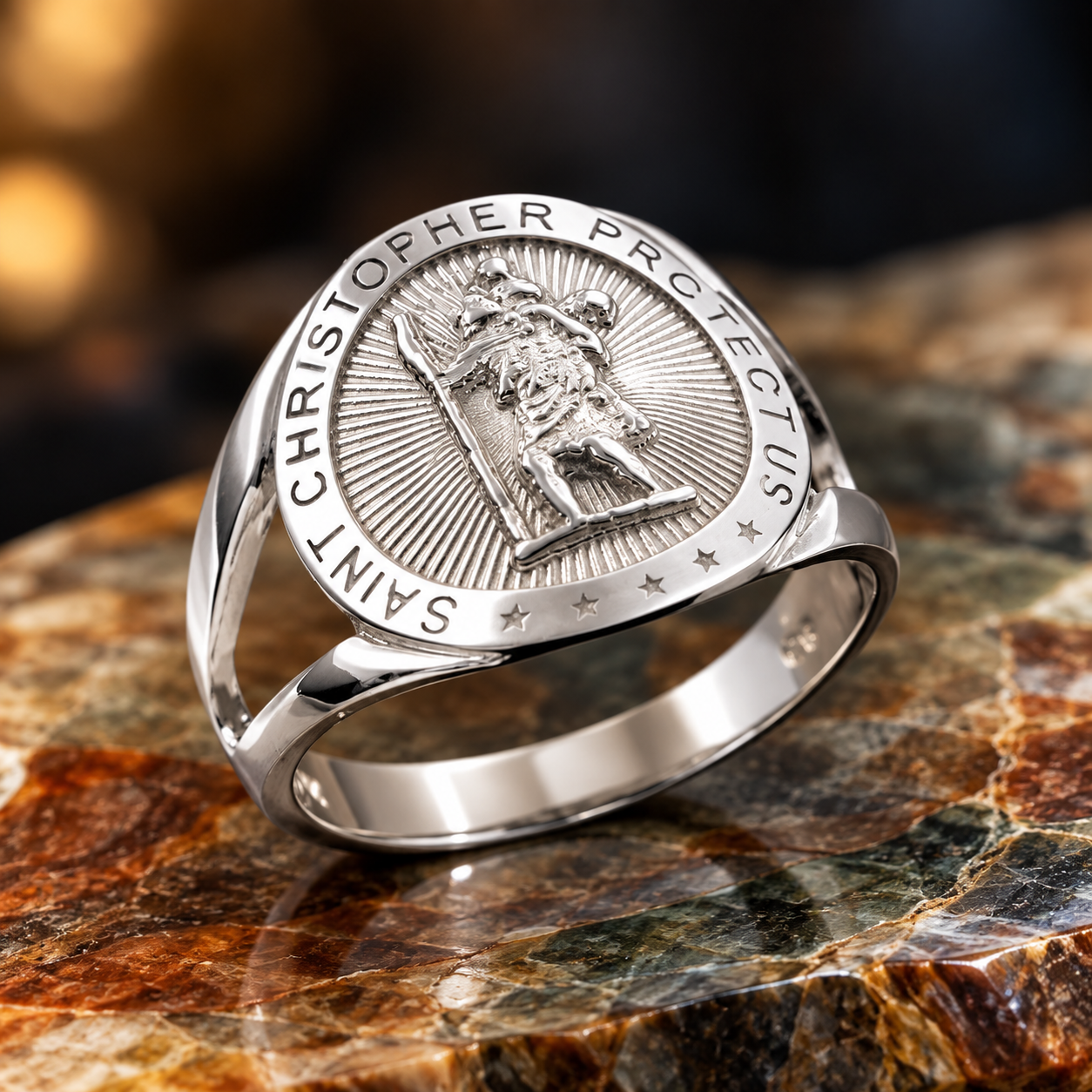 Sterling Silver Saint Christopher Round Medallion Ring