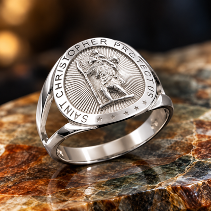 Sterling Silver Saint Christopher Round Medallion Ring