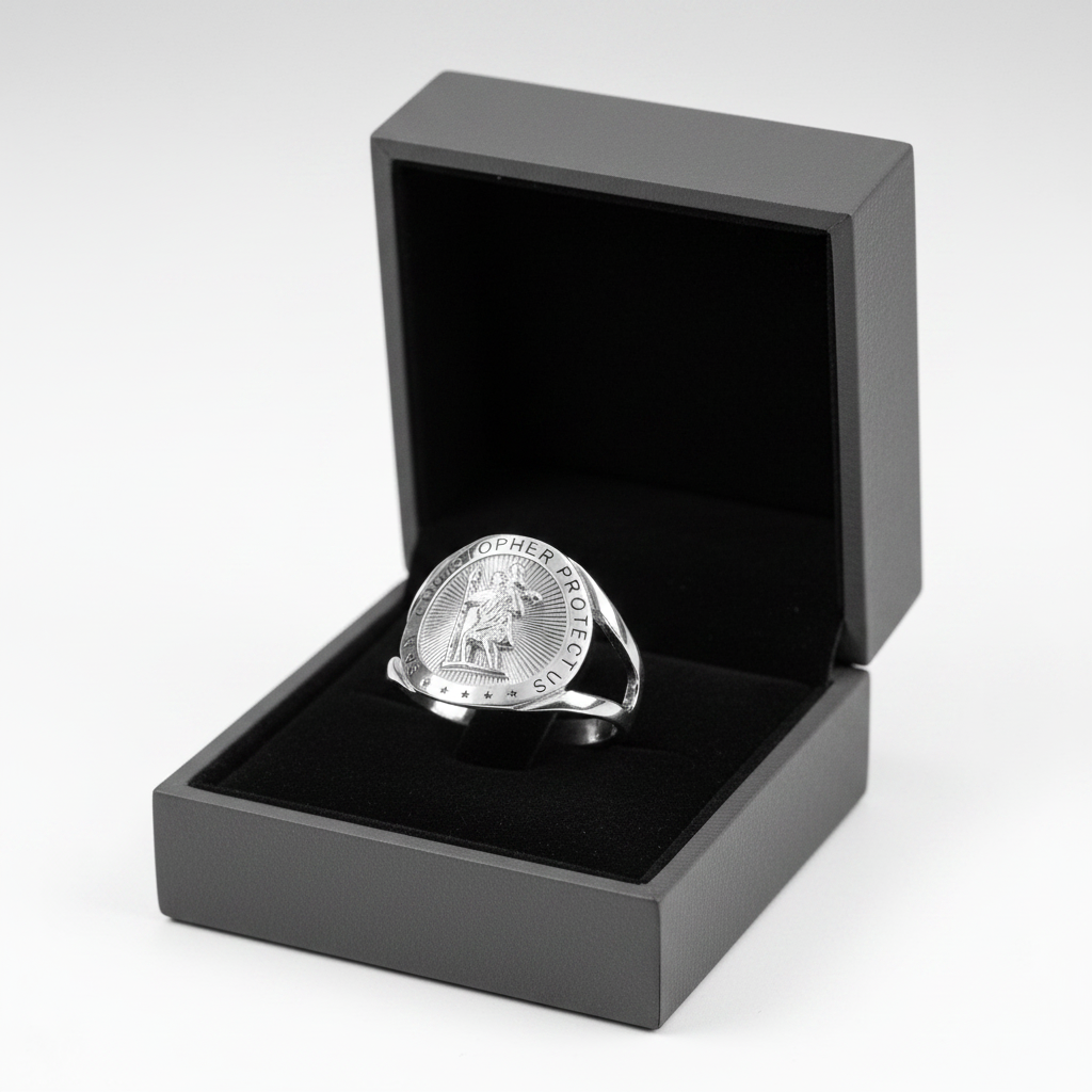 Sterling Silver Saint Christopher Round Medallion Ring