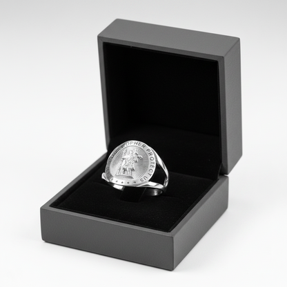 Sterling Silver Saint Christopher Round Medallion Ring