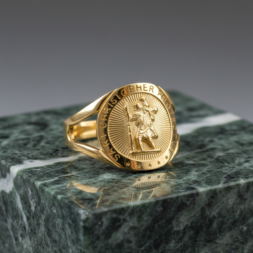A gold signet ring featuring an embossed circular medallion with a figure and the text 'IN CHRISTOPHER P.