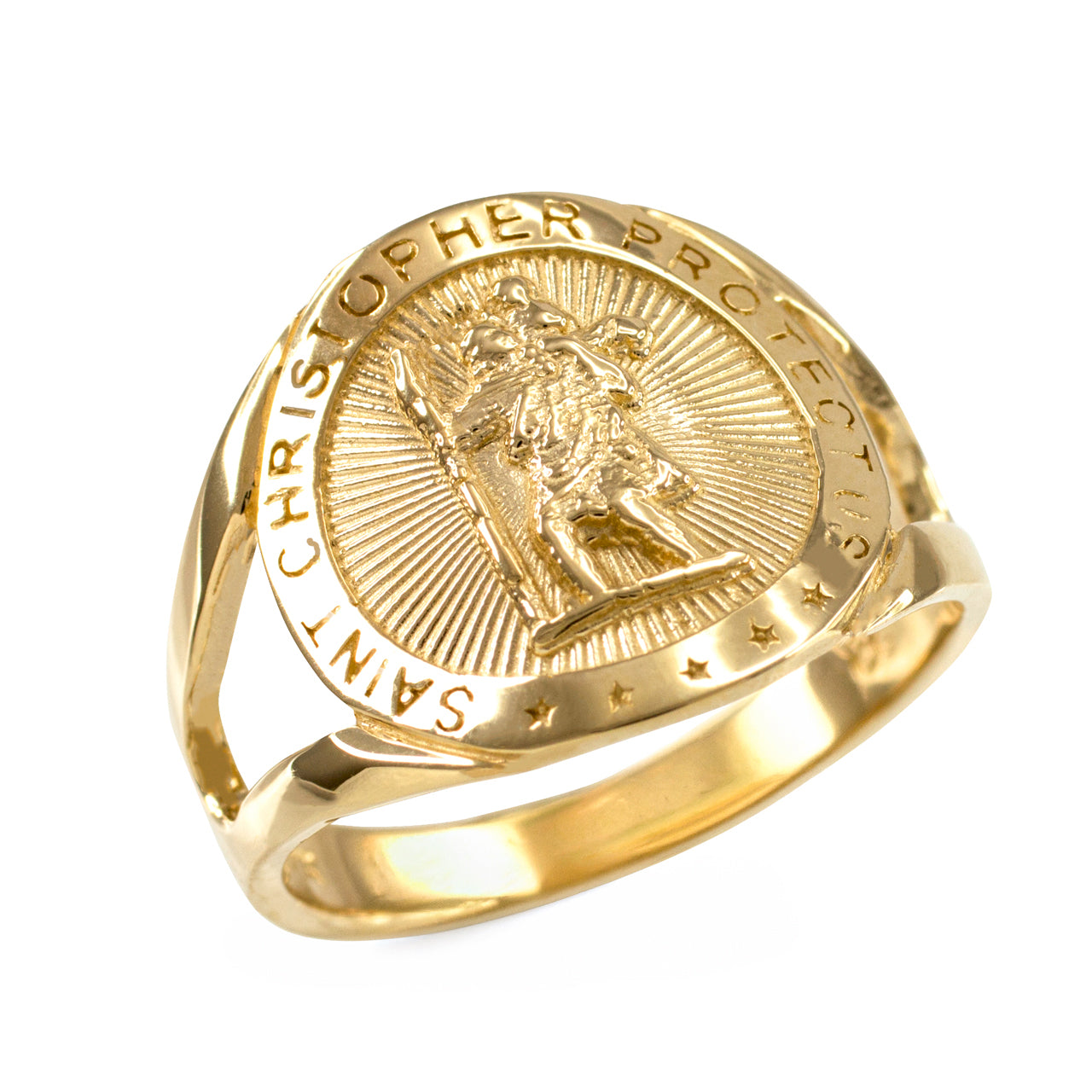 A gold Saint Christopher Protect ring featuring a detailed relief of Saint Christopher on a sunburst background, with the words 'SANT CHRISTOPHER PROTECTS' engraved on the band.