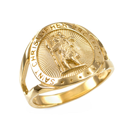 A gold Saint Christopher Protect ring featuring a detailed relief of Saint Christopher on a sunburst background, with the words 'SANT CHRISTOPHER PROTECTS' engraved on the band.