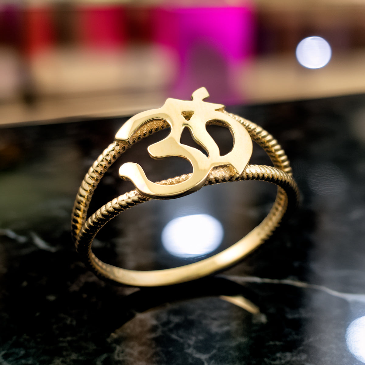 Gold Om Symbol Dainty Rope Ring For Women, 10K 14K, Yellow, White, Rose
