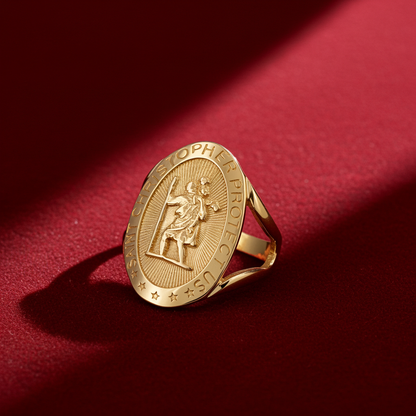 Gold Saint Christopher Oval Ring, 10K 14K, Yellow, White, Rose
