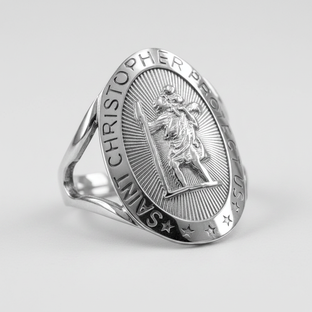 Gold Saint Christopher Oval Ring, 10K 14K, Yellow, White, Rose