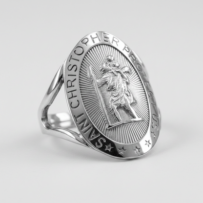 Gold Saint Christopher Oval Ring, 10K 14K, Yellow, White, Rose