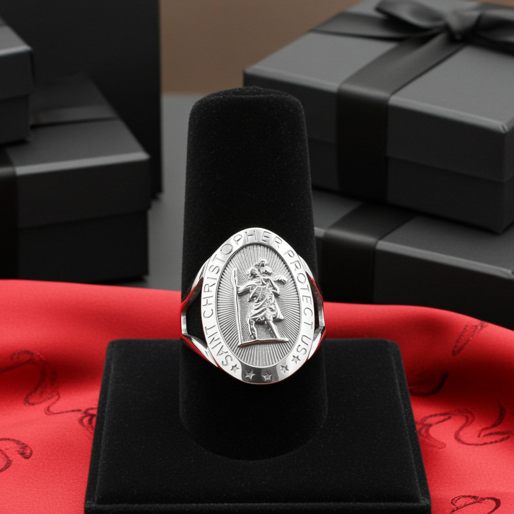 925 Sterling Silver St. Christopher Oval Ring