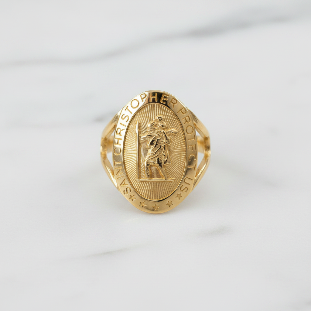 Gold Saint Christopher Oval Ring, 10K 14K, Yellow, White, Rose