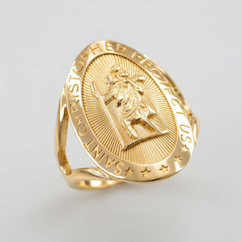 Gold Saint Christopher Oval Ring, 10K 14K, Yellow, White, Rose
