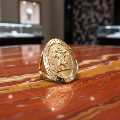 Gold Saint Christopher Oval Ring, 10K 14K, Yellow, White, Rose
