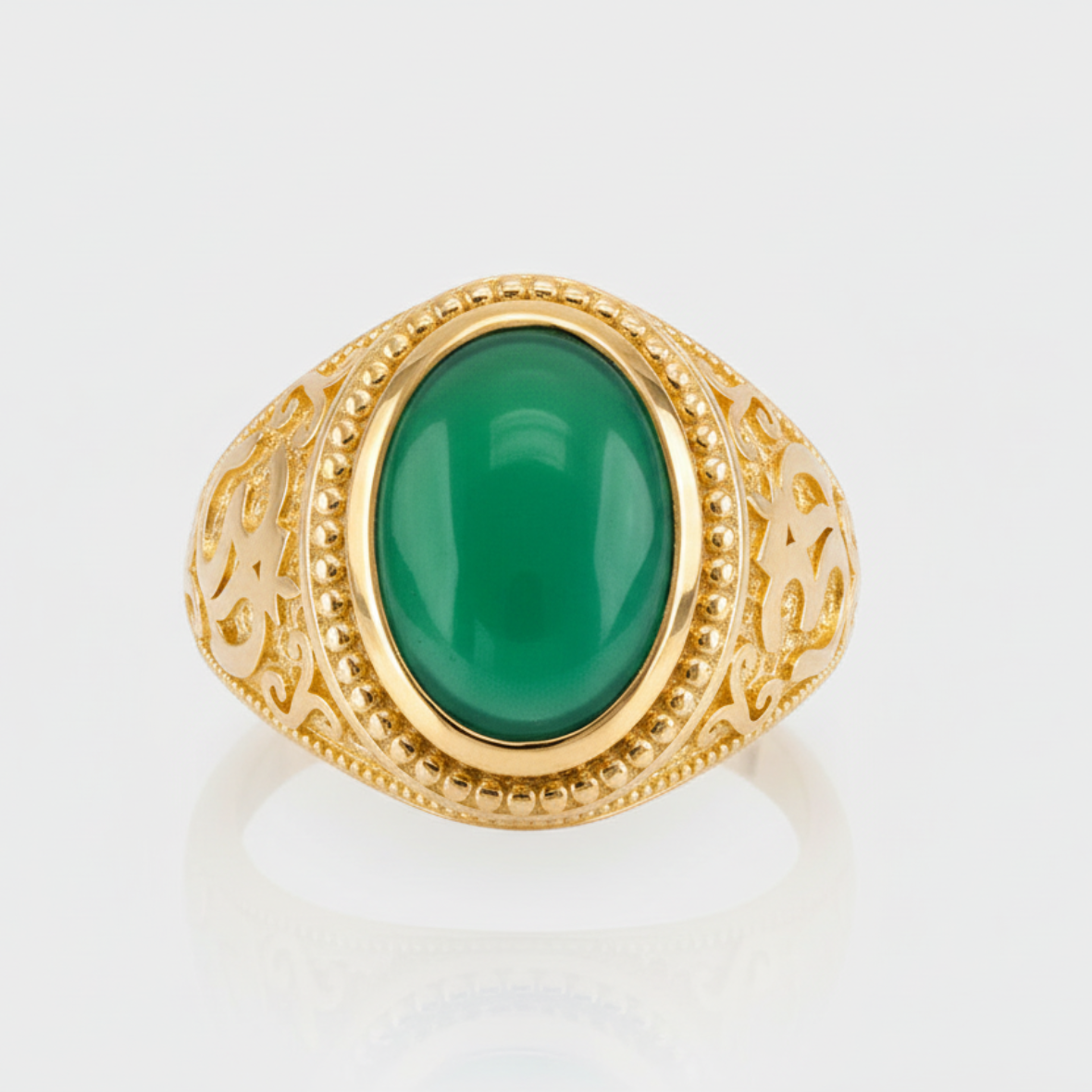Gold Om Oval Cabochon Green Onyx Gemstone Mens Yoga Ring Karma Blingz