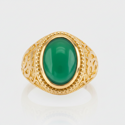 Gold Om Oval Cabochon Green Onyx Gemstone Mens Yoga Ring Karma Blingz