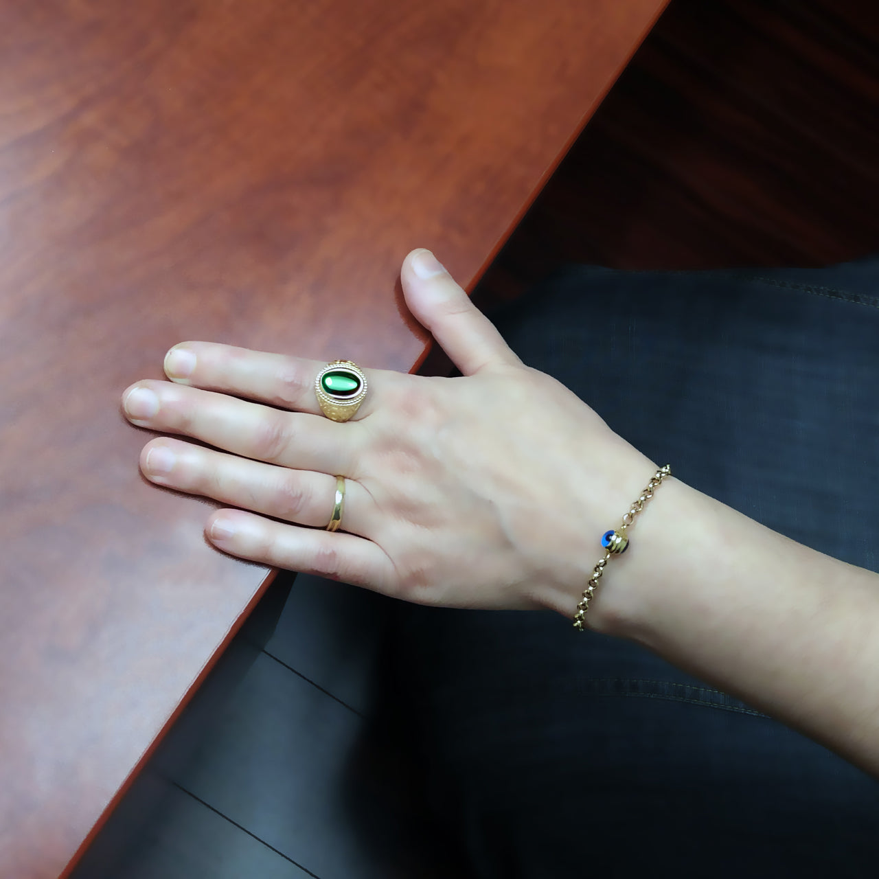 Gold Om Oval Cabochon Green Onyx Gemstone Mens Yoga Ring Karma Blingz