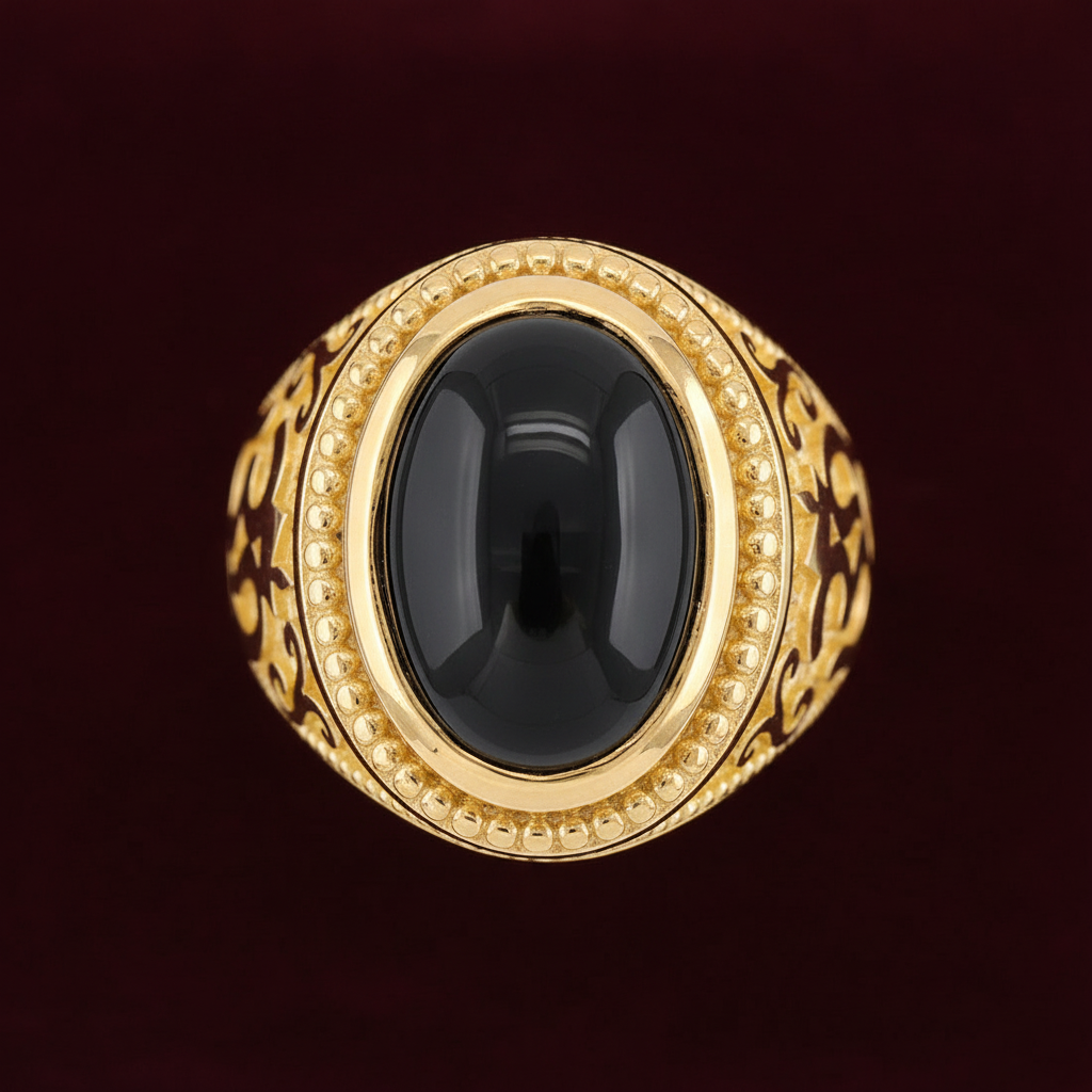 Gold Om Oval Cabochon Black Onyx Gemstone Mens Yoga Ring