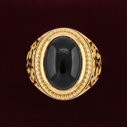 Gold Om Oval Cabochon Black Onyx Gemstone Mens Yoga Ring
