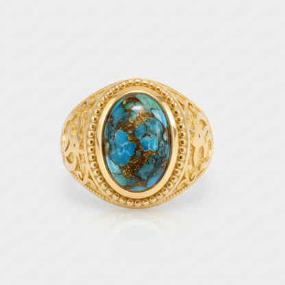 Gold Om Blue Copper Turquoise Oval Yoga Ring Karma Blingz