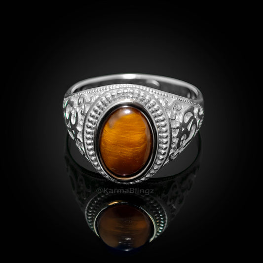 Sterling Silver Om Oval Tiger Eye Cabochon Yoga Ring Karma Blingz