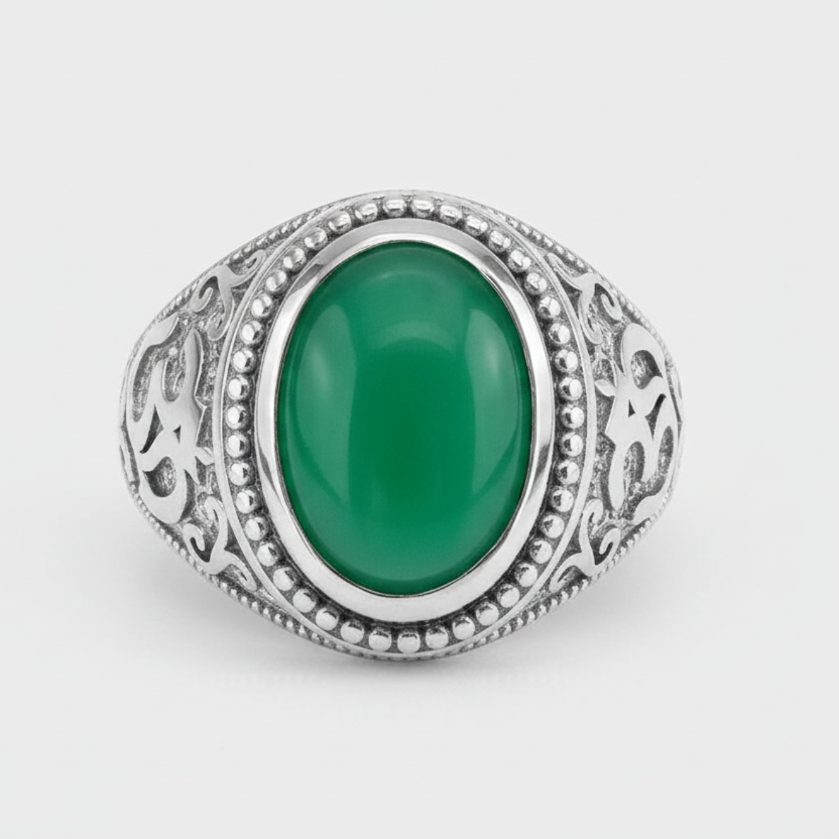 Sterling Silver Om (Aum) Green Onyx Oval Gemstone Statement Ring Karma Blingz