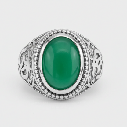 Sterling Silver Om (Aum) Green Onyx Oval Gemstone Statement Ring Karma Blingz