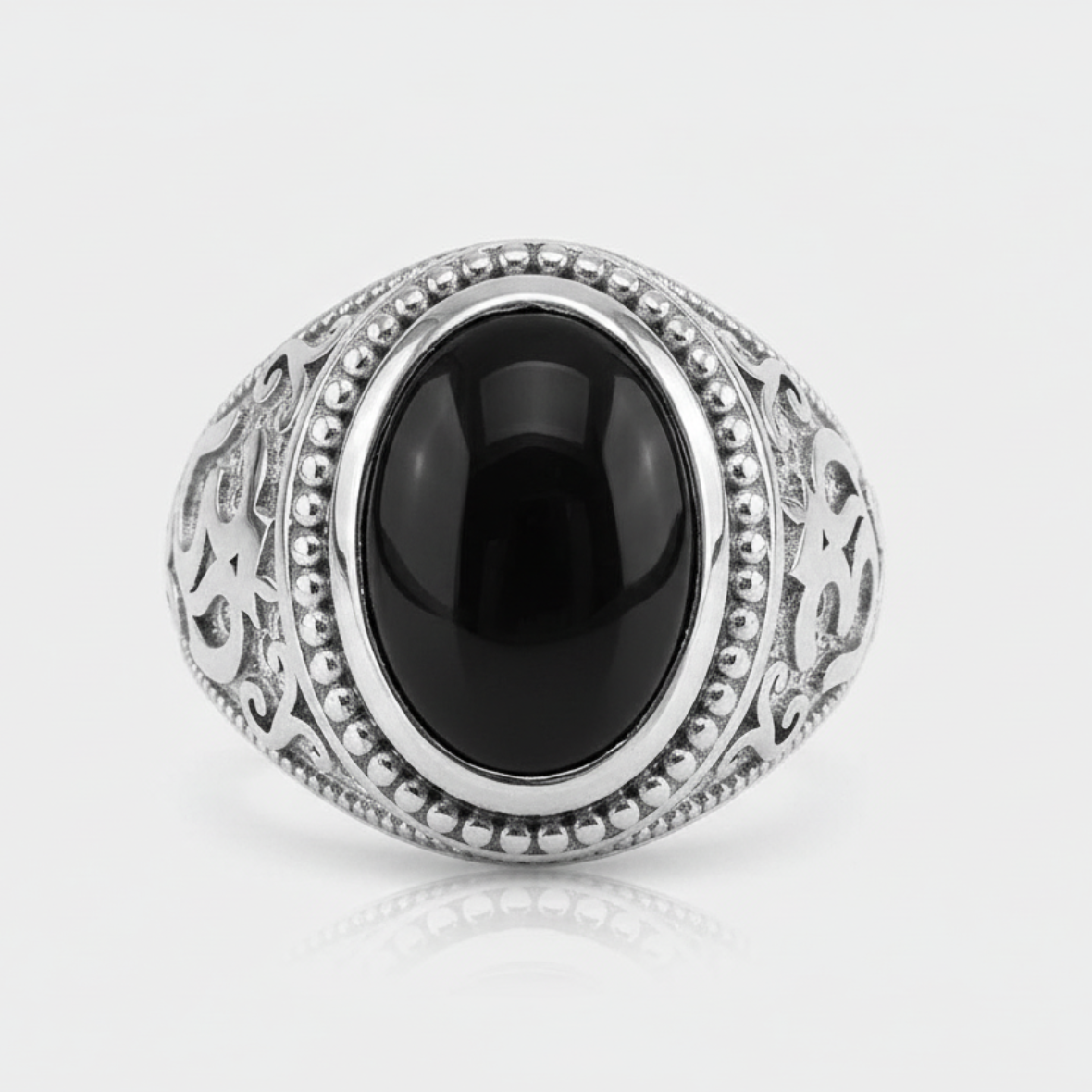 Sterling Silver Om Black Onyx Oval Cabochon Ring Karma Blingz