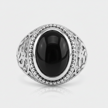 Sterling Silver Om Black Onyx Oval Cabochon Ring Karma Blingz