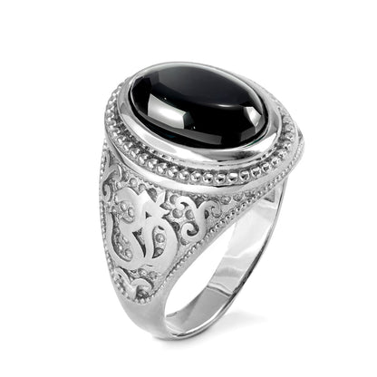 Sterling Silver Om Black Onyx Oval Cabochon Ring Karma Blingz