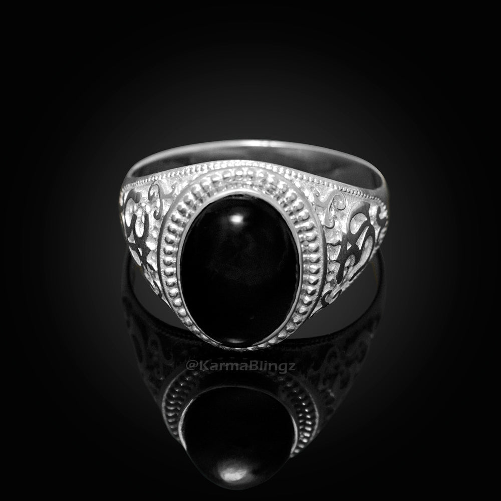 Sterling Silver Om Aum Ring Black Onyx Oval Cabochon Gemstone Yoga Meditation Statement Ring Unisex Karma Blingz
