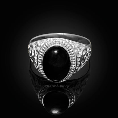 Sterling Silver Om Aum Ring Black Onyx Oval Cabochon Gemstone Yoga Meditation Statement Ring Unisex Karma Blingz