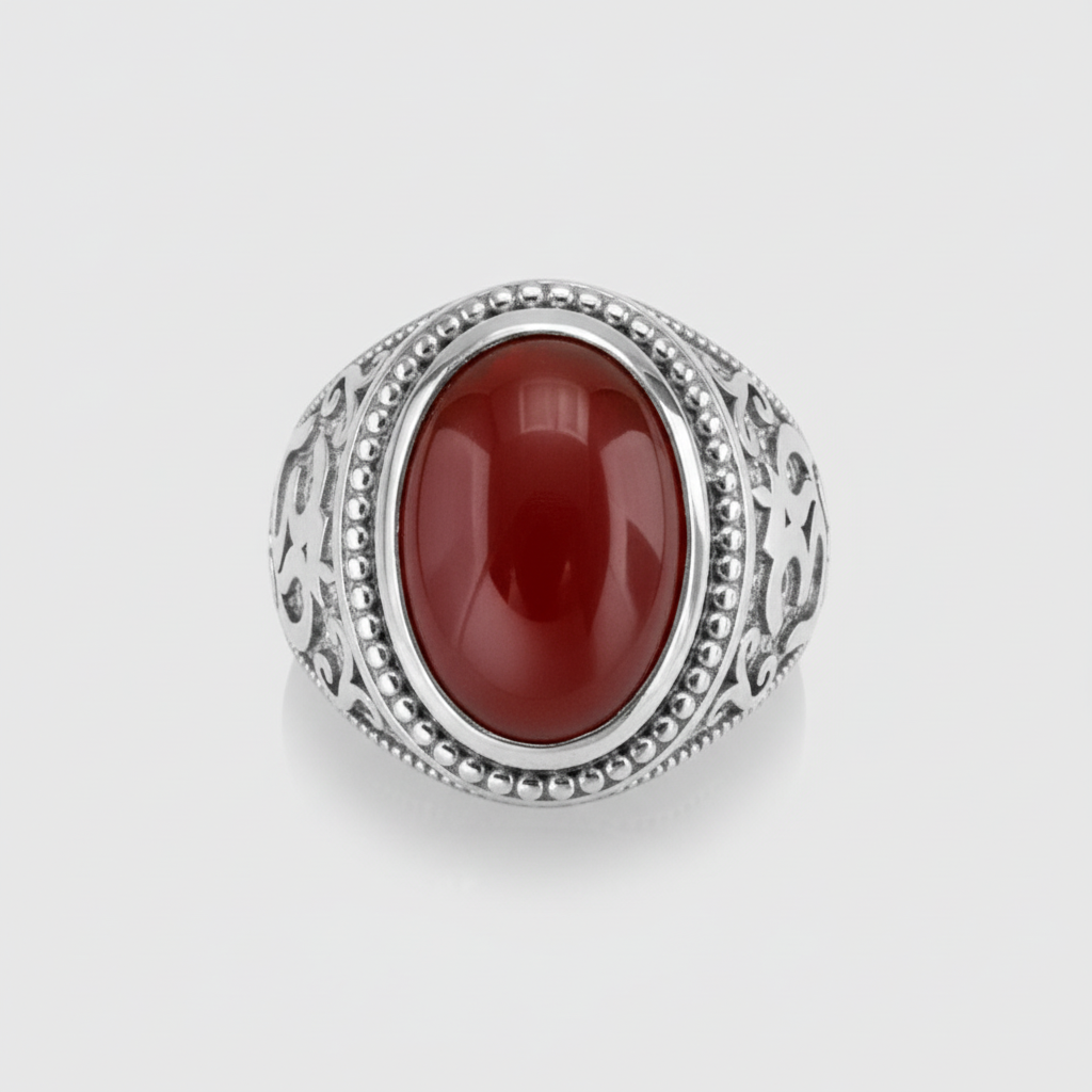 Sterling Silver Om (Aum) Red Onyx Gemstone Statement Ring Karma Blingz