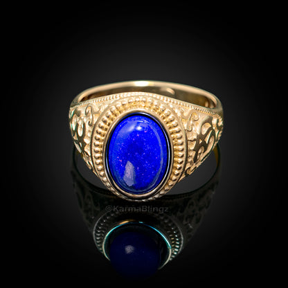 Yellow Gold Om (Aum) Oval Lapis Lazuli Yoga Ring