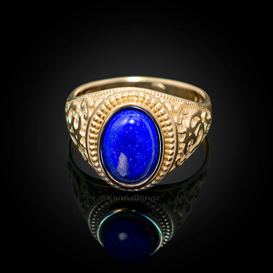 Yellow Gold Om (Aum) Oval Lapis Lazuli Yoga Ring