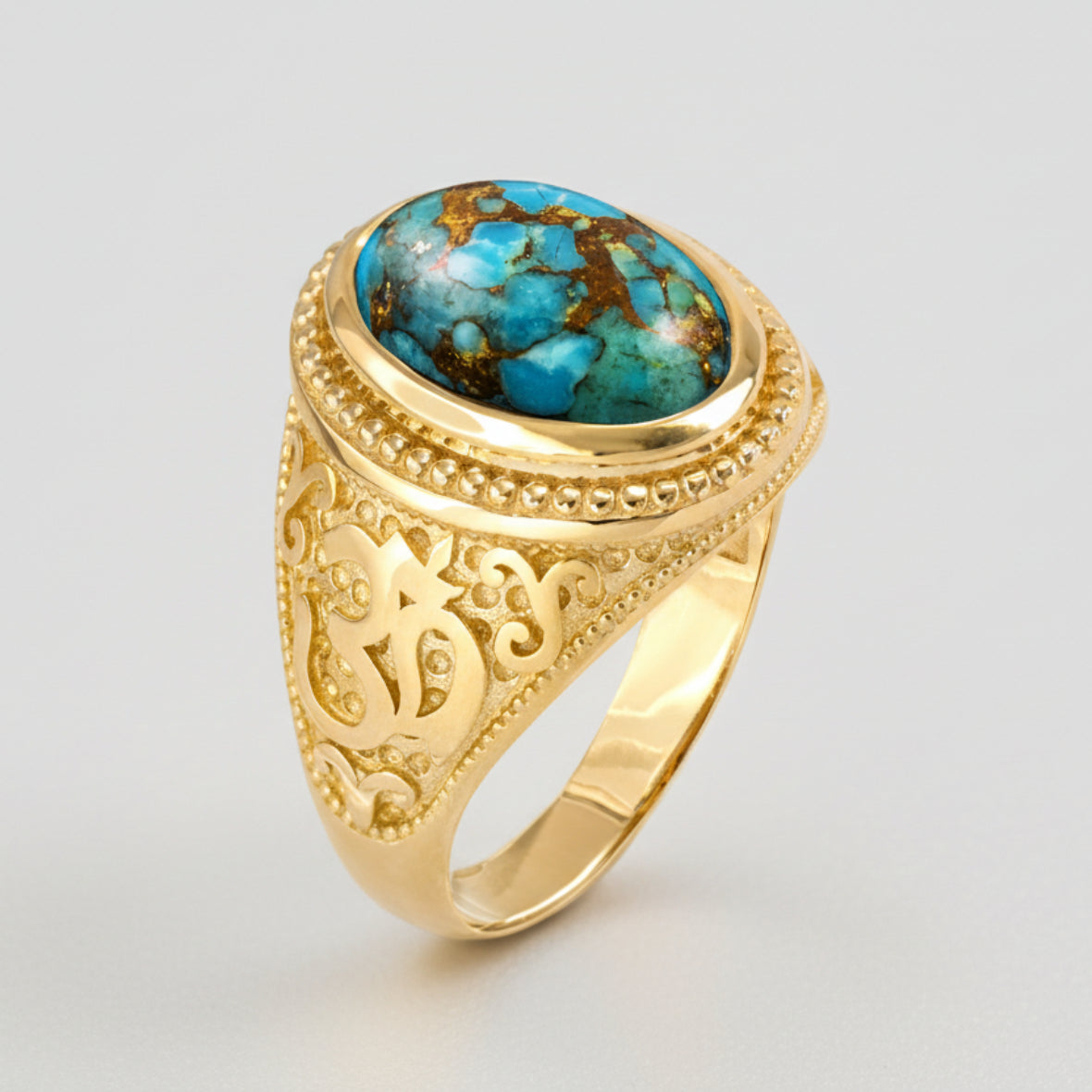 Gold Om Blue Copper Turquoise Oval Yoga Ring Karma Blingz
