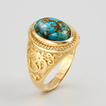 Gold Om Blue Copper Turquoise Oval Yoga Ring Karma Blingz