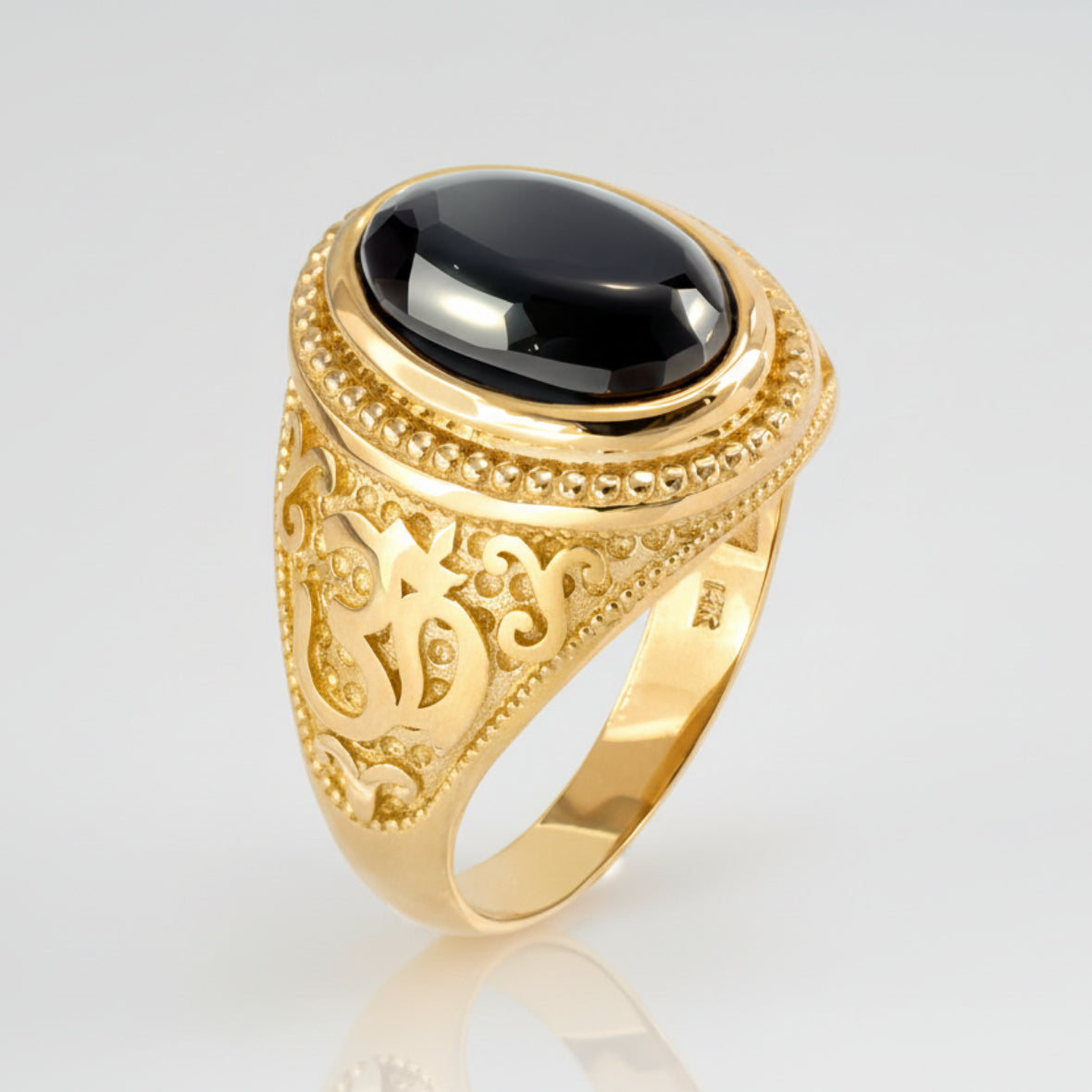 Gold Om Oval Cabochon Black Onyx Gemstone Mens Yoga Ring