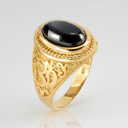 Gold Om Oval Cabochon Black Onyx Gemstone Mens Yoga Ring
