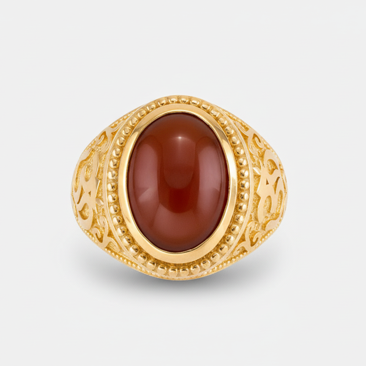 Gold Om Oval Cabochon Red Onyx Yoga Ring Karma Blingz