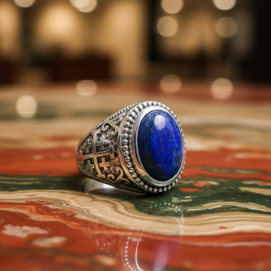 A silver signet ring with an oval blue lapis lazuli stone, resting on a reflective, marbled surface with a warm, blurred bokeh background.