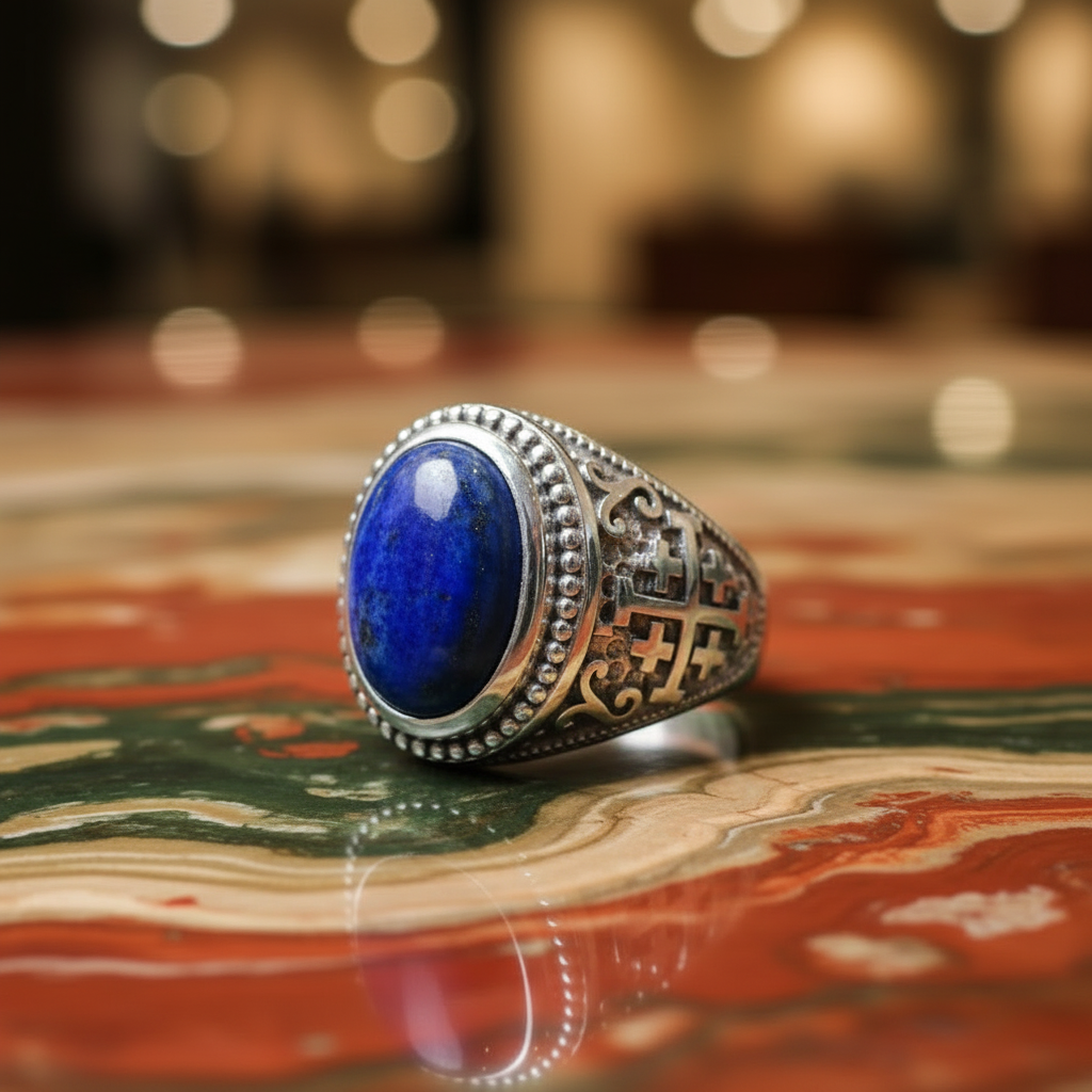 A silver ring with a large oval blue lapis lazuli stone, featuring intricate cutout details on the band, resting on a polished red and green marbled surface.