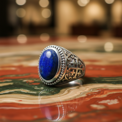 A silver ring with a large oval blue lapis lazuli stone, featuring intricate cutout details on the band, resting on a polished red and green marbled surface.