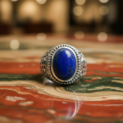 A silver ring with an oval blue lapis lazuli stone, resting on a reflective, marbled surface with a warm, blurred bokeh background.