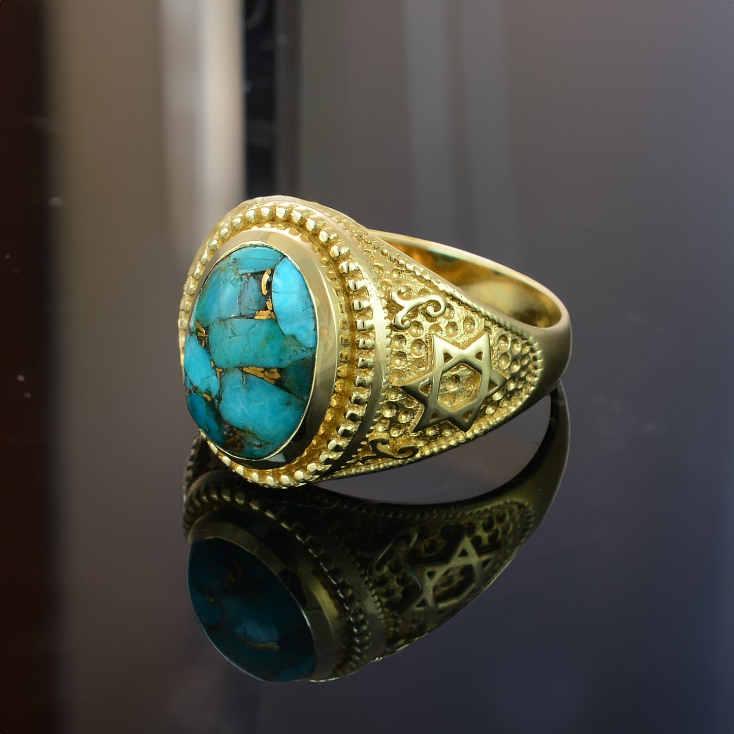 Gold Star of David Blue Copper Turquoise Jewish Statement Ring