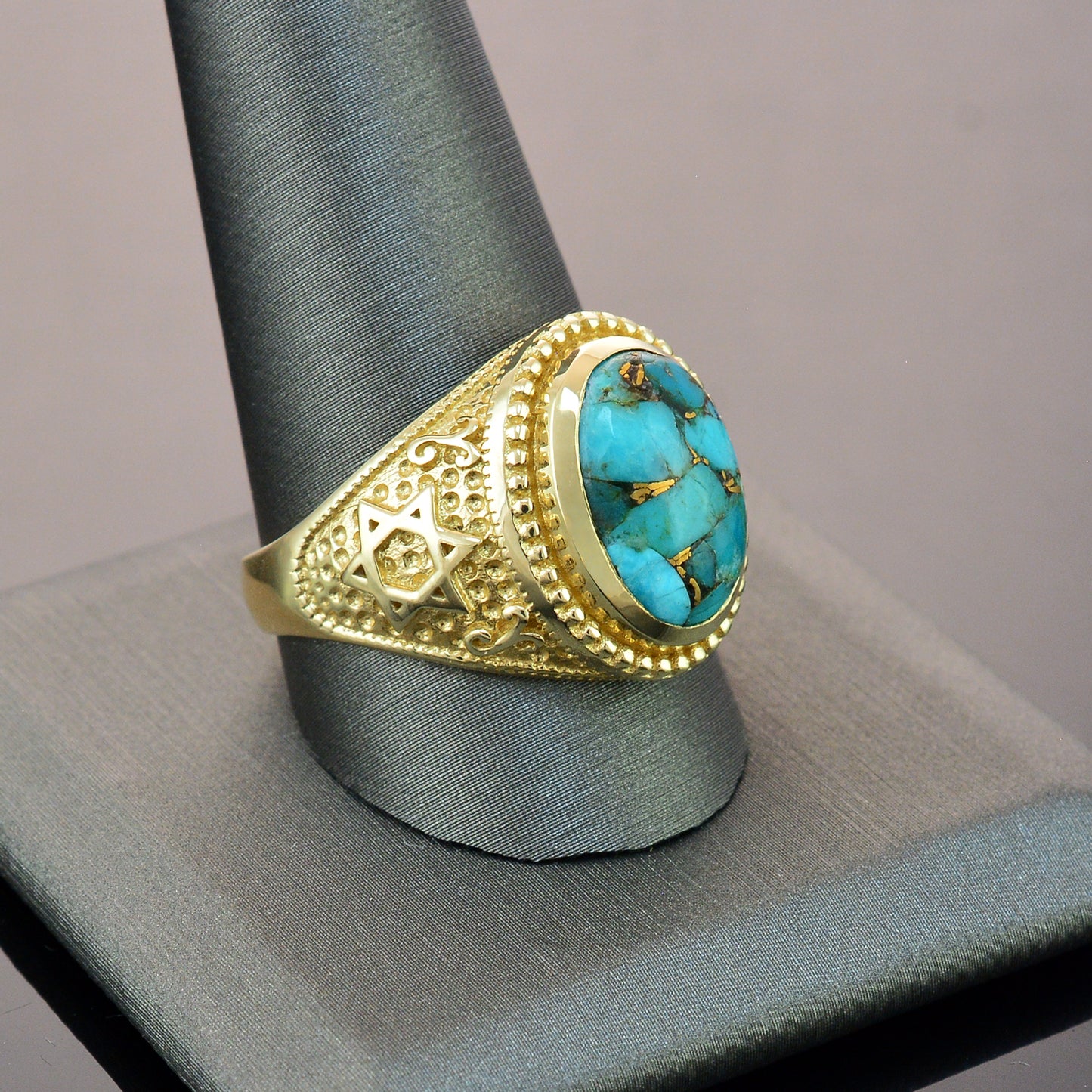 Gold Star of David Blue Copper Turquoise Jewish Statement Ring