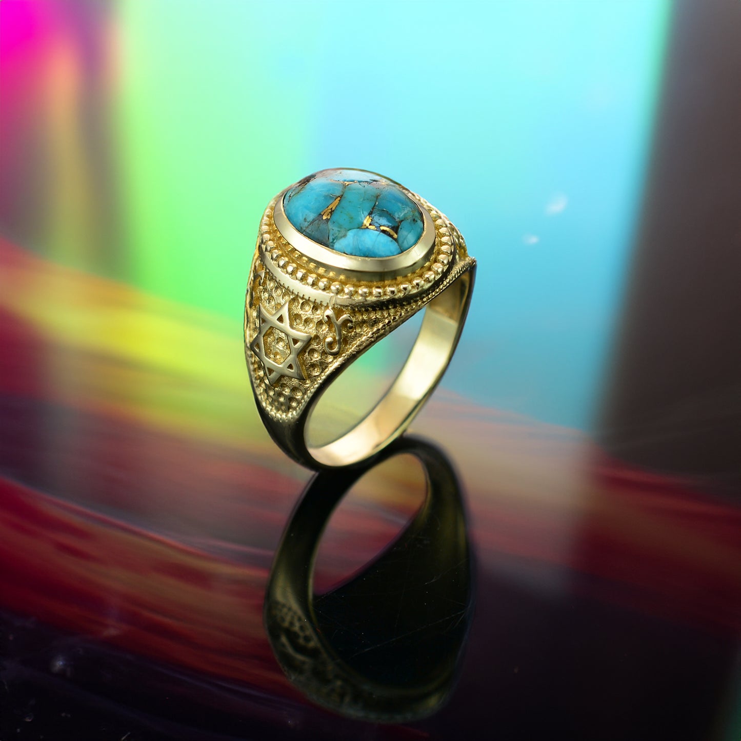 Gold Star of David Blue Copper Turquoise Jewish Statement Ring